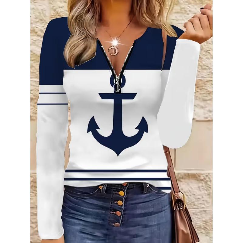 Ladies' 3D Printed V-neck Zipper T-shirt with Glossy Long Sleeved Top and Half Zipper Long Sleeved T-shirt