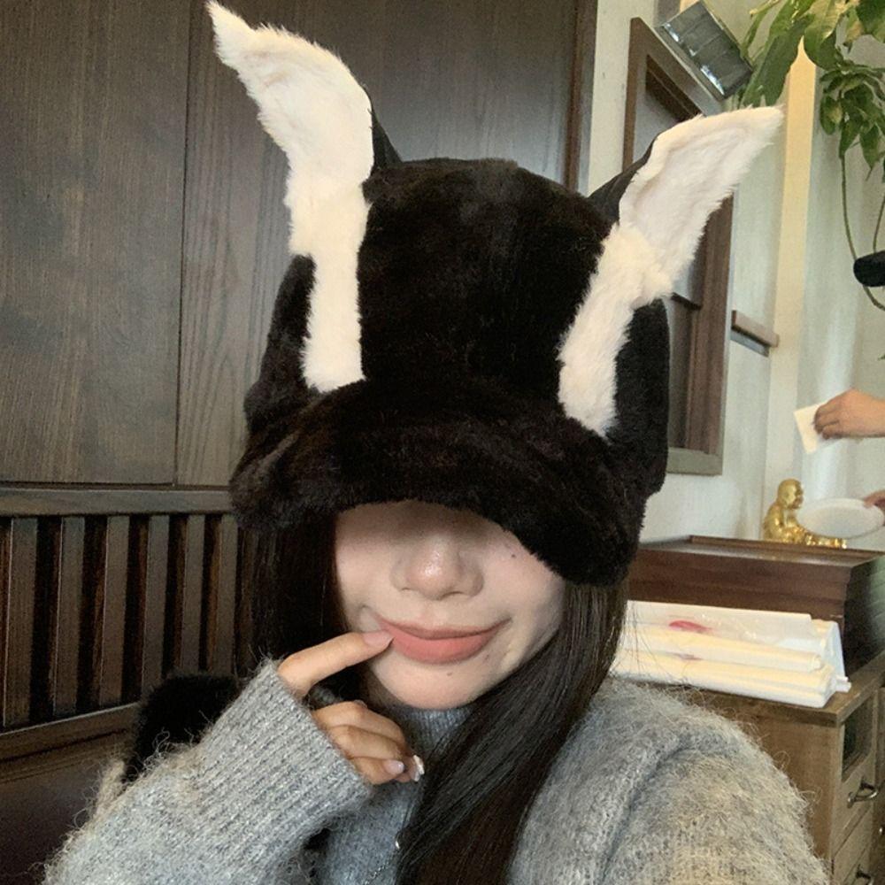Curved Brim Dog Ear Baseball Cap Soft Fluffy Ear Cap Kawaii Faux Fur Hat  For Women