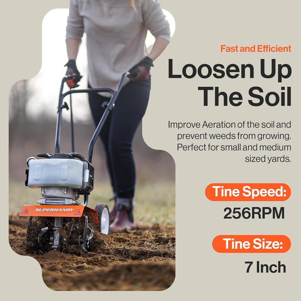 52cc 2 Stroke Gas Mini Tiller Cultivator - 1.8HP, 4 Adjustable Steel Tines,