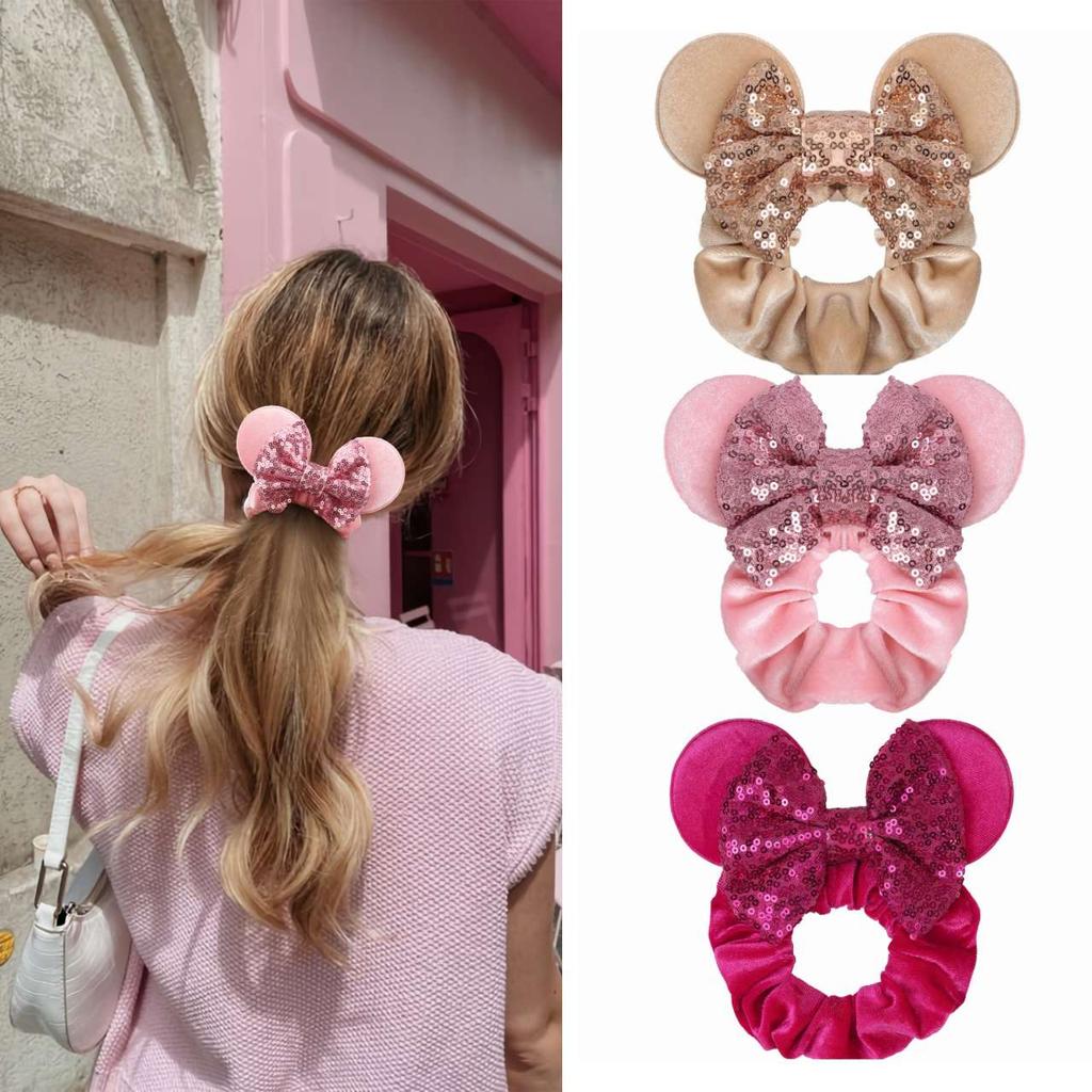 3 Pcs Cute Mouse Ears Hair Scrunchies 12 Styles Velvet Bows for Women Girls Birthday Date Amusement Park Party Hair Bands