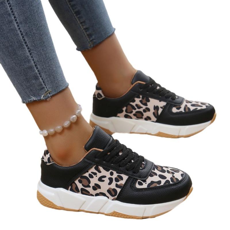 Women‘s Shoes Spring Leopard Print Casual Single Flat Lace-Up Large Size Sports.
