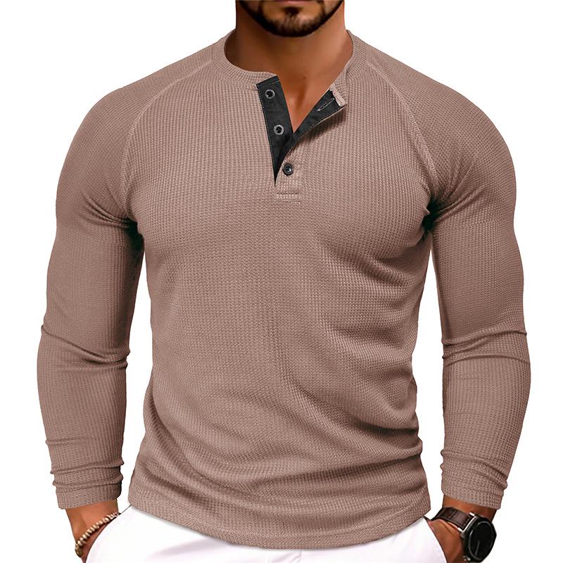 Men's Autumn/Winter Waffle Knit Round Neck Raglan Henley Long Sleeve Base Layer T-shirt
