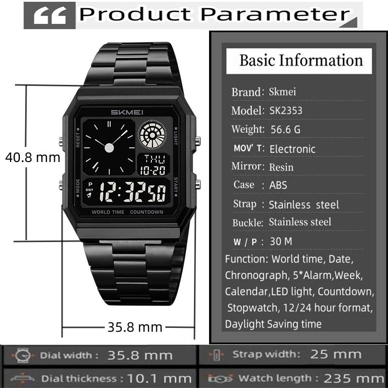 Skmei Electronics Sports Watches for Mens Classical Analog Digital Display Multiple Time Zone LED Waterproof Male 5 Alarm Clock