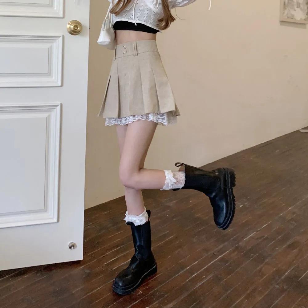

Lace-trimmed Pleated High-waisted A-line Skirt New Style Anti-exposure Slimming Hot Girl S абрикосовий