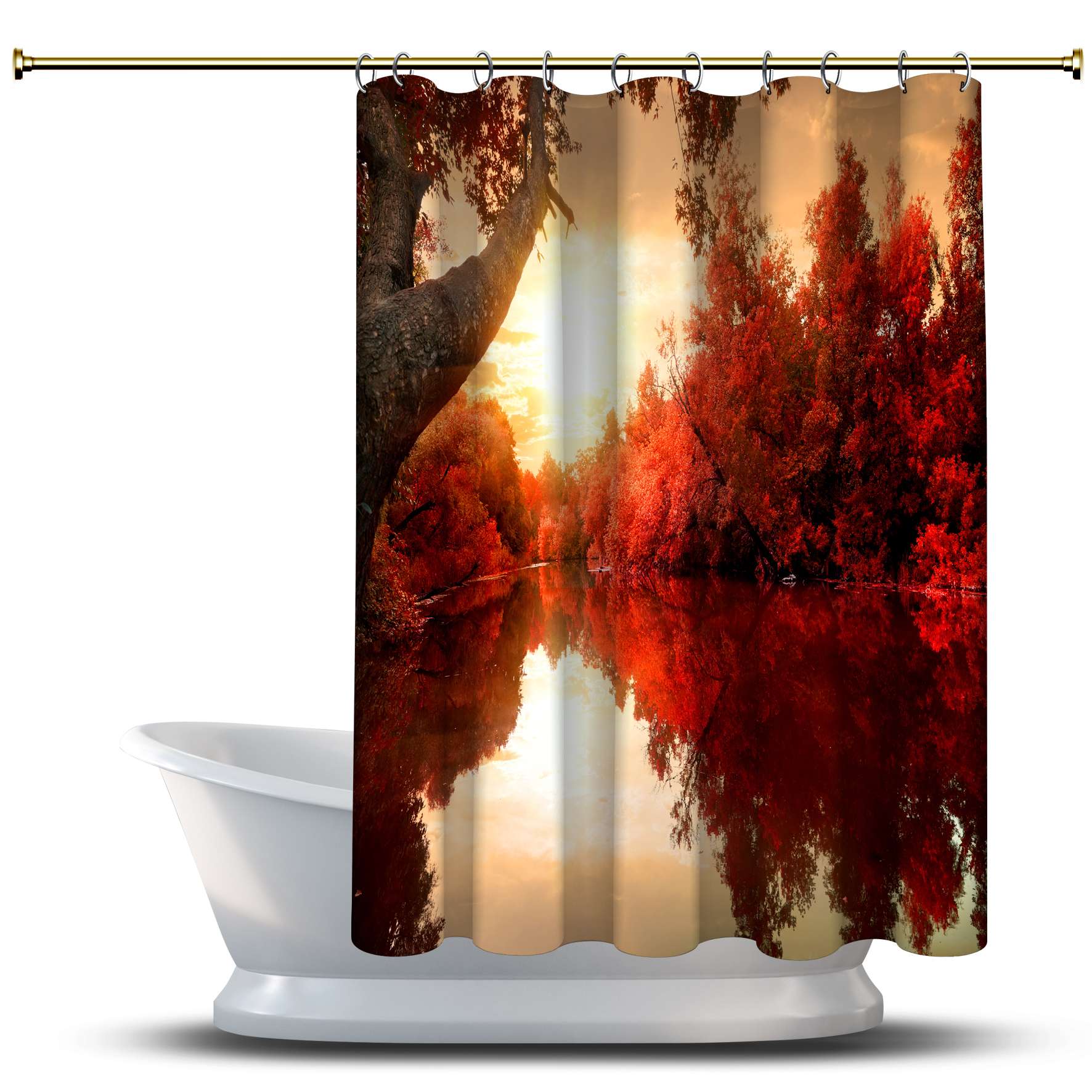 

Занавеска для душа с принтом осеннего пейзажа / водонепроницаемая для украшения ванной комнаты для ванной - красные листья на деревьях и реке