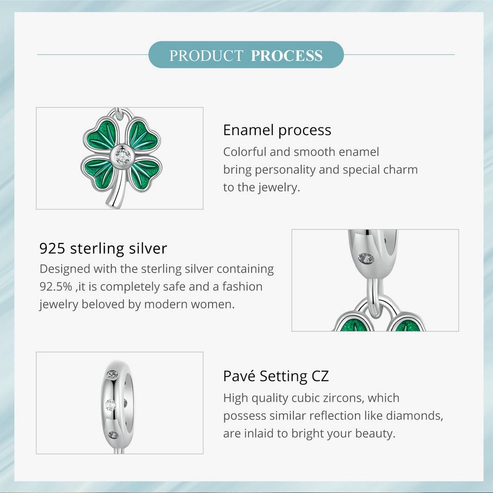 Bamoer 925 Sterling Sølv Firkløver Charms Perler med grønn emalje passform Europeiske armbånd DIY Mango/Kaktus/Flamingo