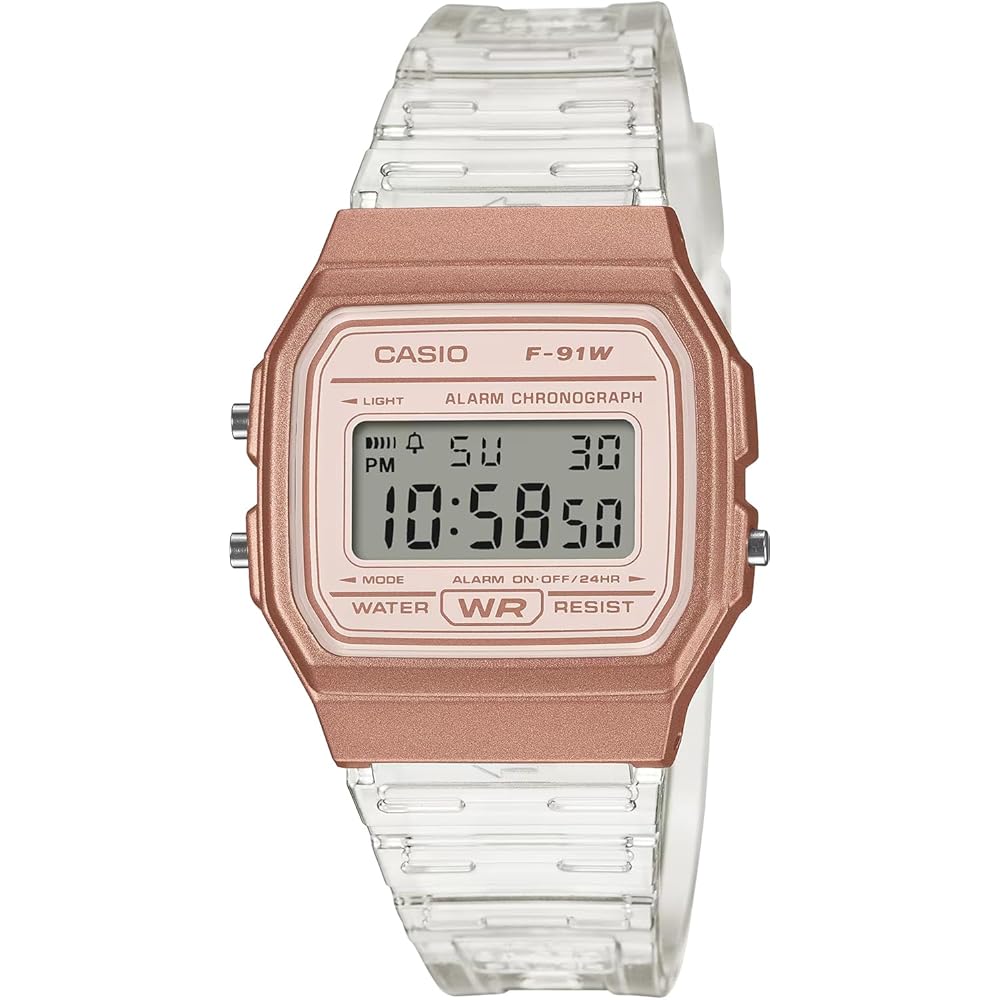 Casio F-91WS-7A3 Digital Quartz Watch Unisex Rose Gold Clear Case