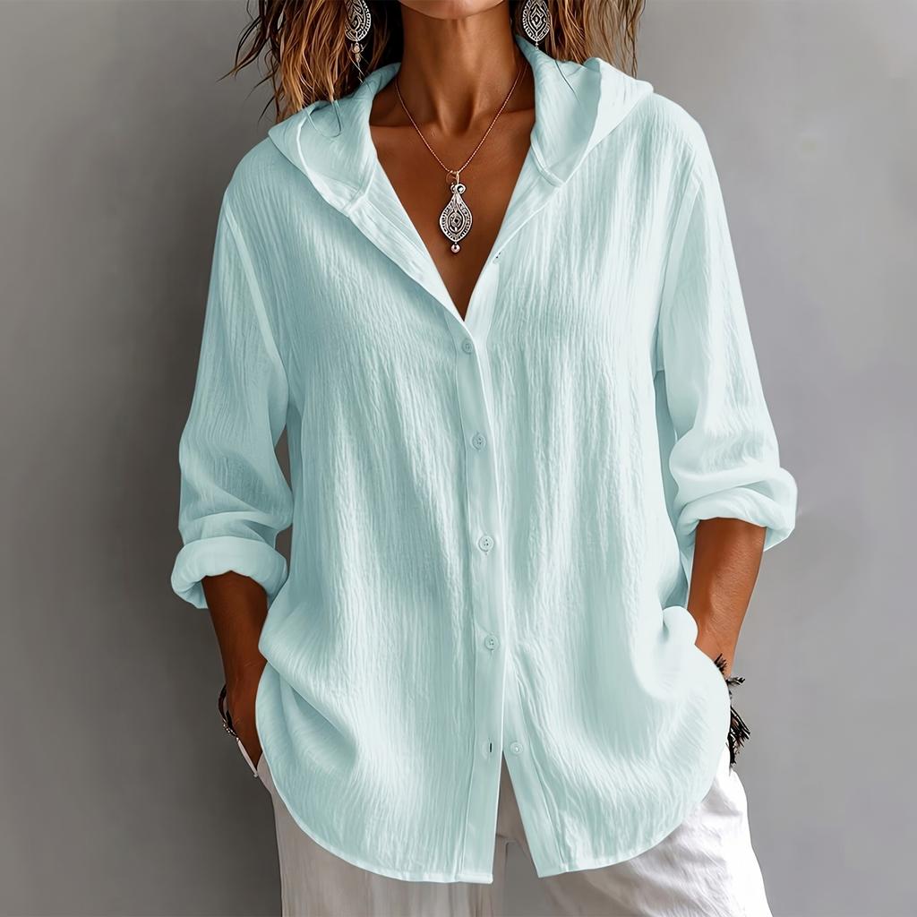 Camisa casual de manga larga para mujer con botones de colores y cuello de solapa para vacaciones