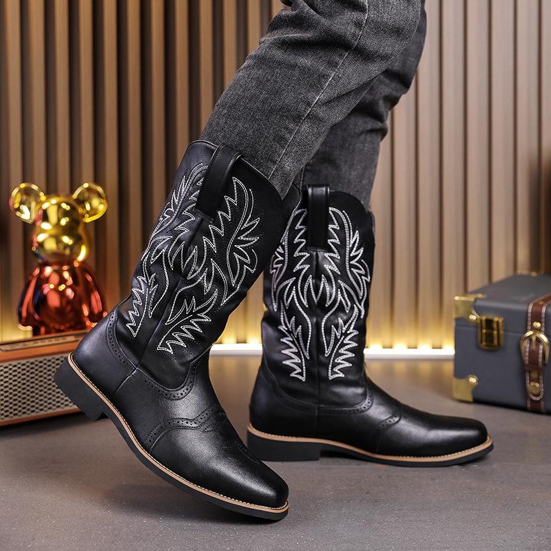 Men's Retro Leather Cowboy Boots, Size 48 - Trendy High Boots for Spring, Autumn, and Winter