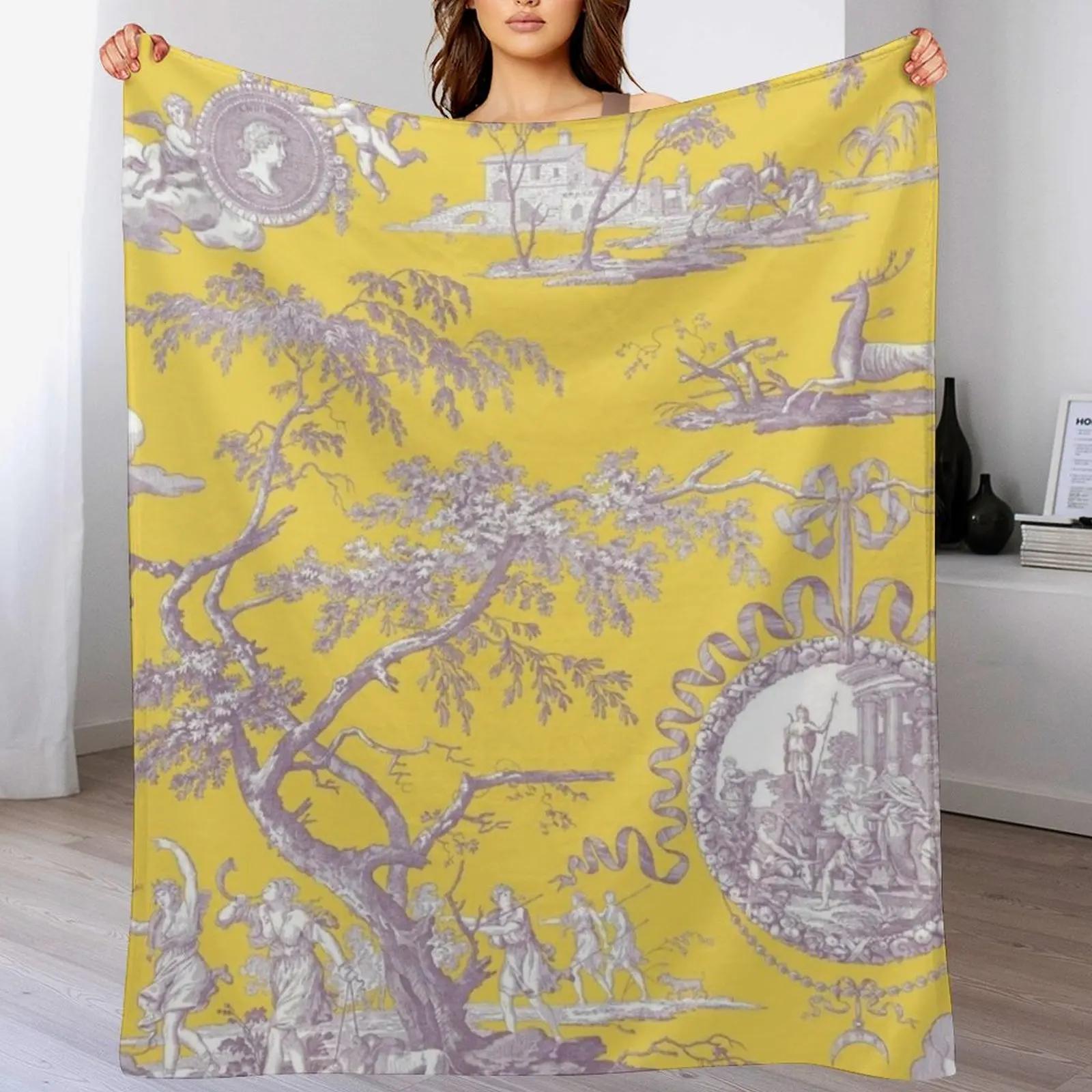 

New Yellow Toile de Jouy Throw Blanket Stylish Couch Blanket for Home Living Room 102x76cm(40x30in)