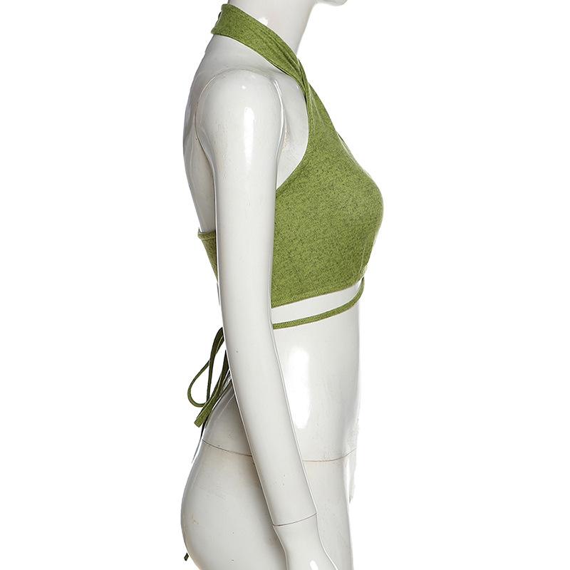 Tops cortos verdes sexis con cuello Halter para mujer, sin mangas, Espalda descubierta, para fiesta y Club, Top corto envolvente, ropa informal ajustada