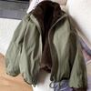 Reversible Army Green Women's Petite Plus Cotton Padded Fleece-Lined Short Workwear Baseball Jacket Winter 2025