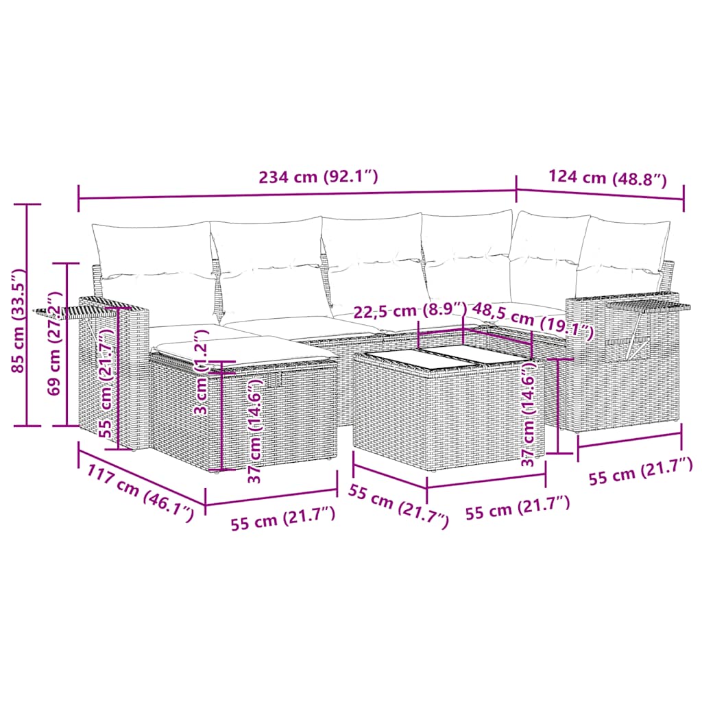 7 Piece Grey Outdoor Sofa Set with Cushions Poly Rattan