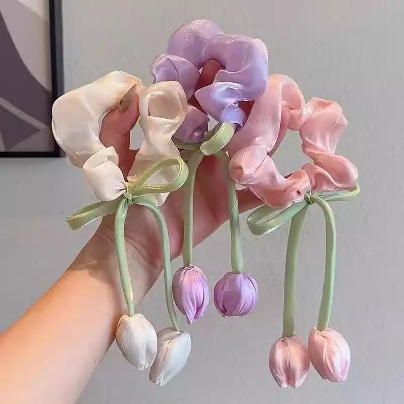 4Pcs Fashion Hair Accessories Cute Tulip Flower Large Intestine Scrunchie For Girls Sweet Hair Ornament Headband Hair Tie