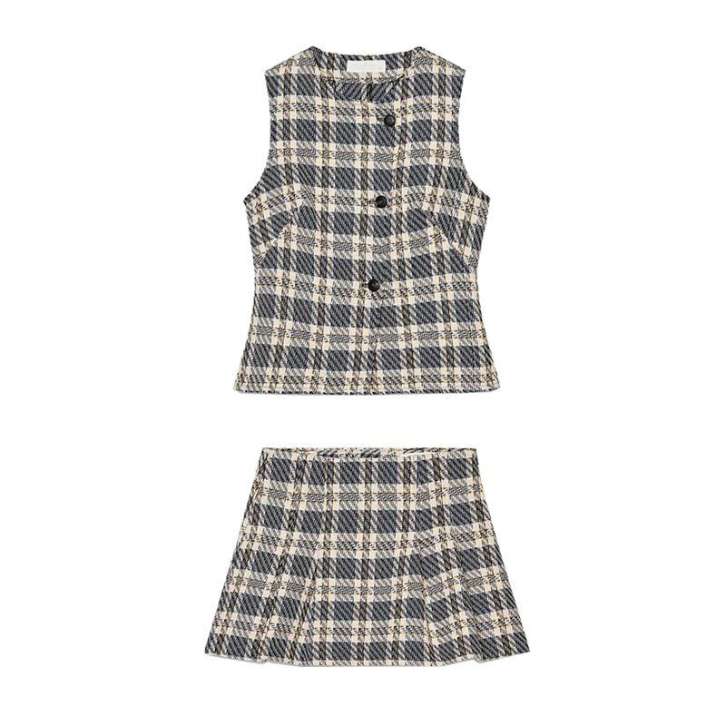 Plaid Texture round Neck Vest Vest 8574021 Wide Pleat Plaid Texture A- Line Skort 8574022