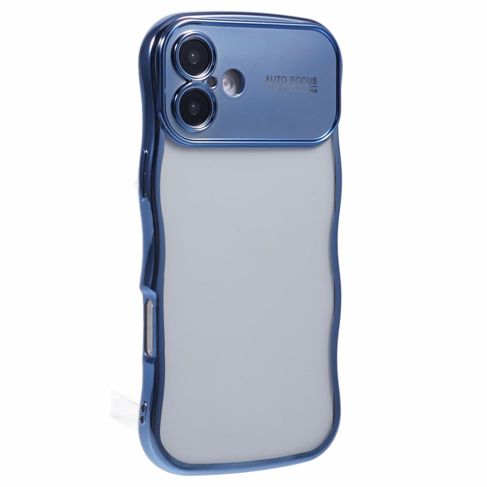 

For iPhone 16 Plus Case Electroplating Curly Frame TPU Clear Phone Cover Blue