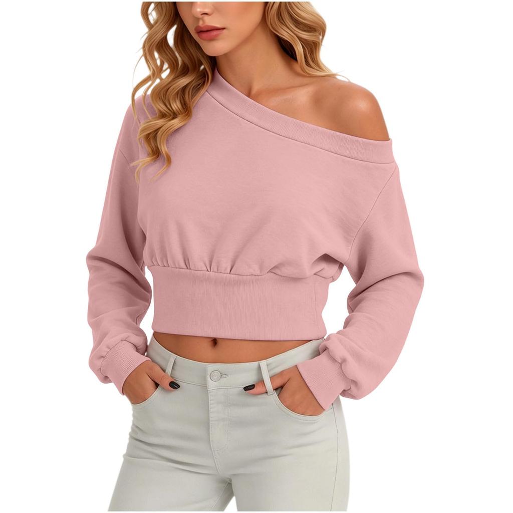 Women's Fashion Off-Shoulder Long Sleeve Color Hoodie Sweatshirt Casual Top for Everyday Wear