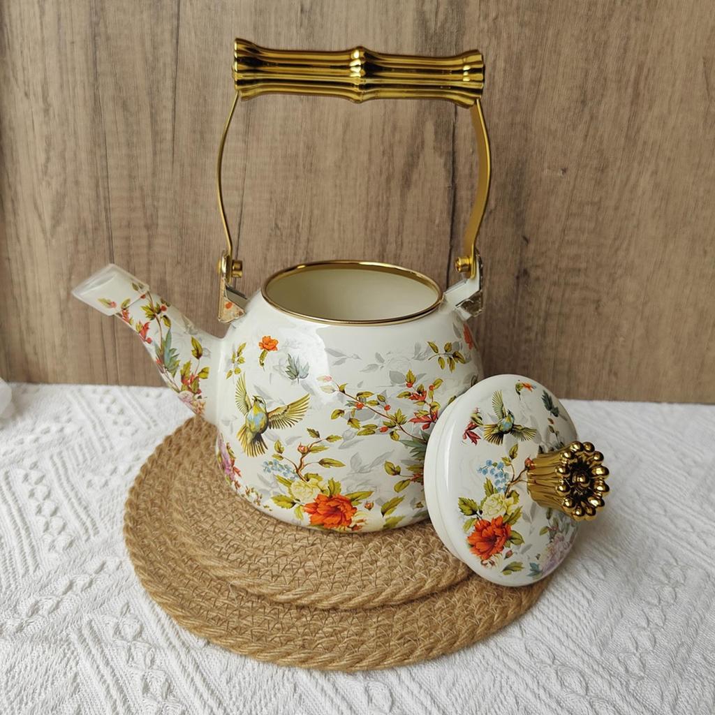 Elegant Enamel Teapot with And Floral Pattern; for Home, Office Cafe