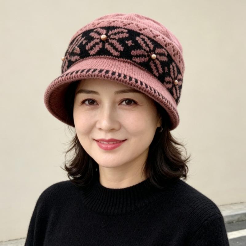 Middle-aged and elderly hats women's autumn and winter fashion warm mother ear protector basin hat fleece bucket hat cold-proof knitted wool hat