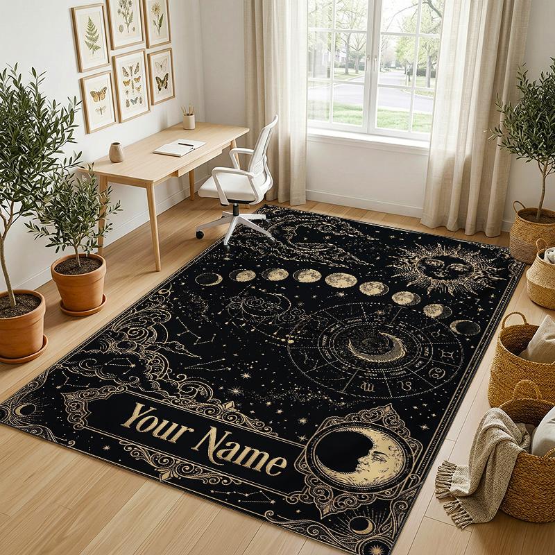 Celestial Moon Theme Soft Crystal Velvet Rug Custom Name & Text Print Non Slip Floor Rug for Bedroom Living Room