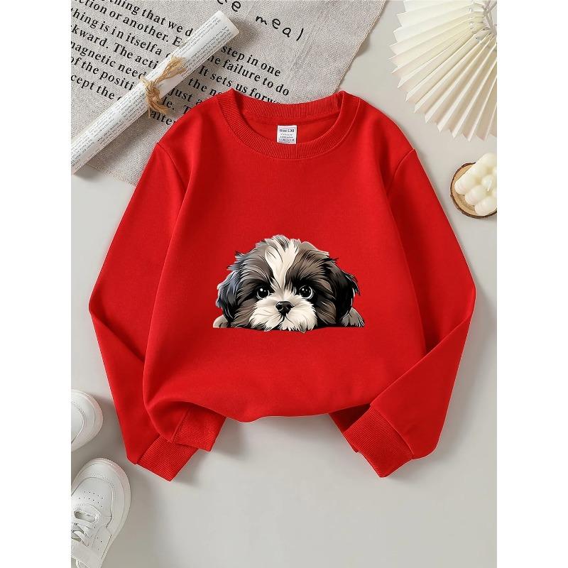 European sizes Kids' Round-Neck Hoodie | Cute Shih Tzu Puppy Face Print, Sportswear and Casual Wear, Soft and Comfortable, Playful Design