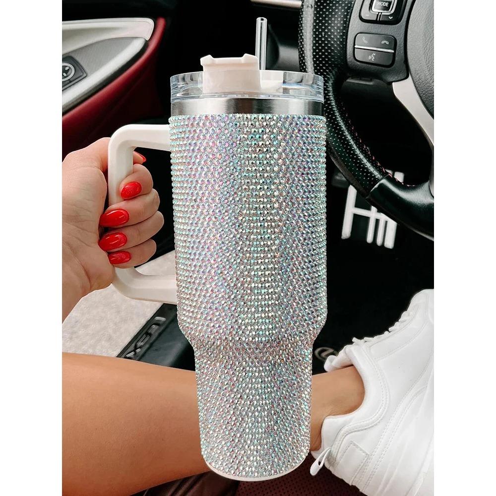 40oz Lesklý Diamant Lesklý Diamant Termohrnek na Kávu Izolační Nerezová Auto Láhev Brčko Velký Objem Kamínkový Hrnek