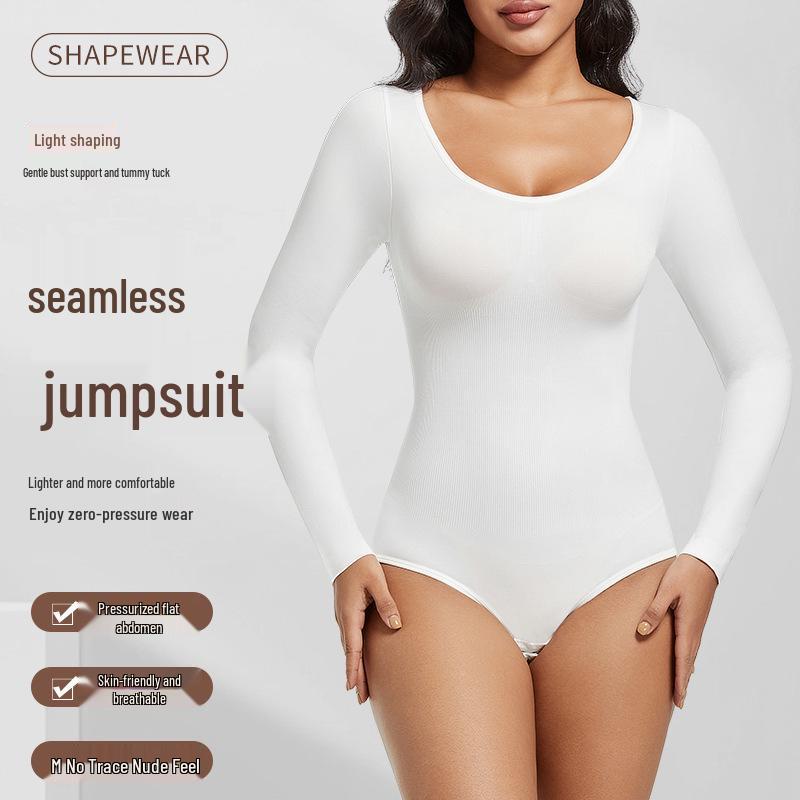 Women's Plus Size Seamless Body Shaping Long Sleeve Bodysuit with Tummy Control