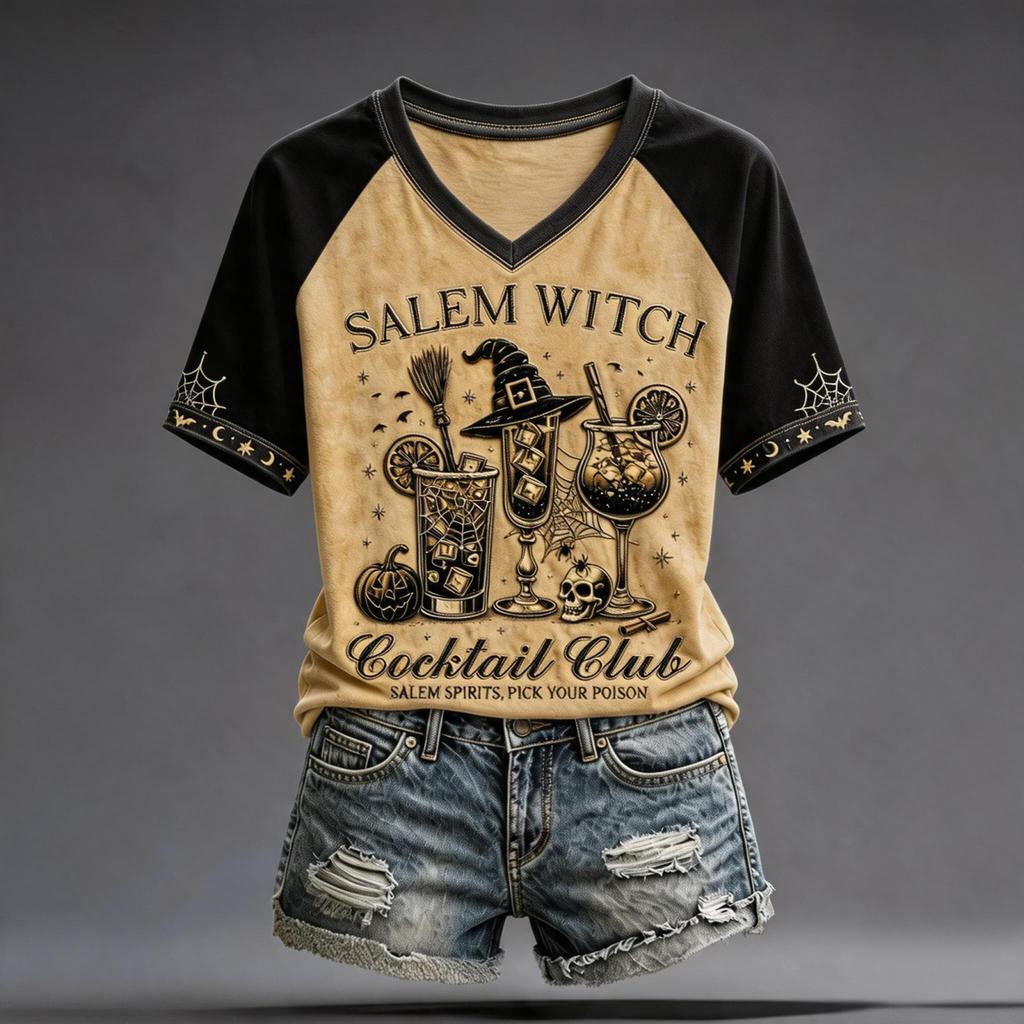 Women's Casual Halloween Print T-Shirt with Raglan Short Sleeves for Everyday Wear
