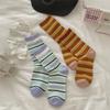Korean Contrasting Striped Rolled Socks Are Simple And Sweet, Retro Preppy Style Versatile Mid-Leg Socks Are Thin In All Seasons