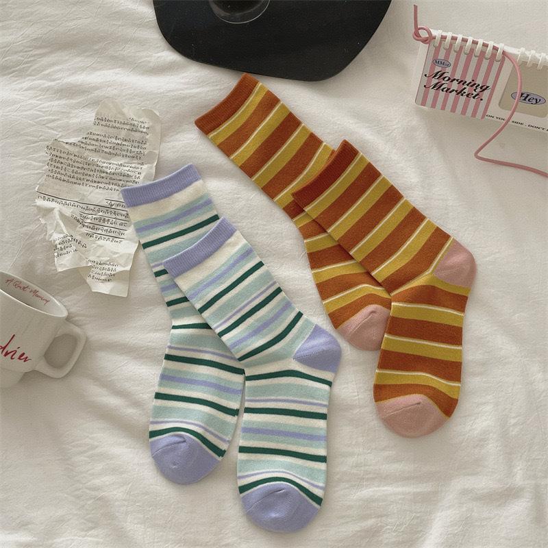 Korean Contrasting Striped Rolled Socks Are Simple And Sweet, Retro Preppy Style Versatile Mid-Leg Socks Are Thin In All Seasons