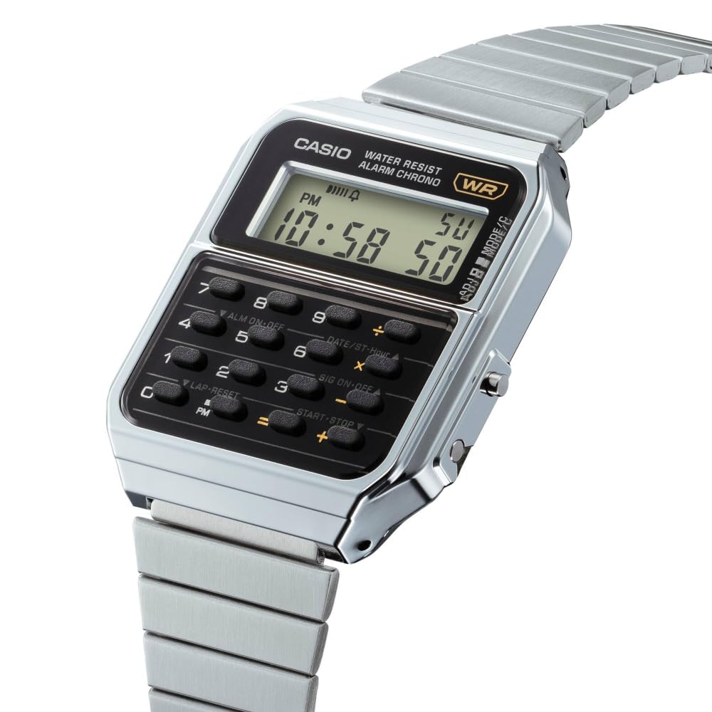 Casio CA500WE-1A Taschenrechneruhr Silbernes Armband Unisex Großes Schwarzes Zifferblatt 43,2×34,4×8,2mm Klassisch