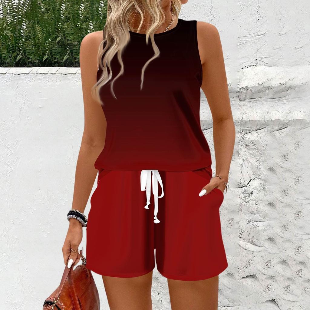 Women's Summer Colour Block Print Vest Sleeveless Top Shorts Set