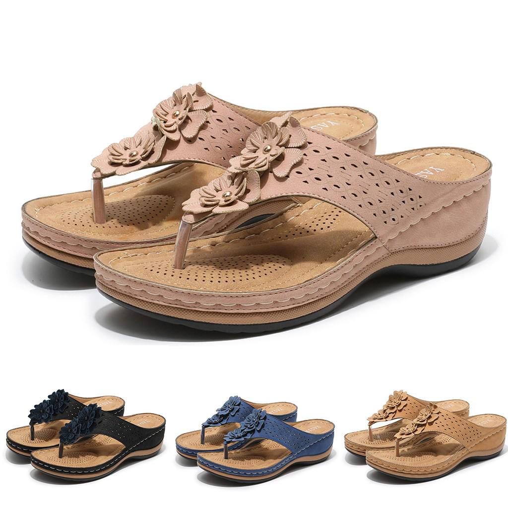 

Женские модные повседневные шлепанцы с цветочным принтом, сандалии на танкетке, уличные тапочки