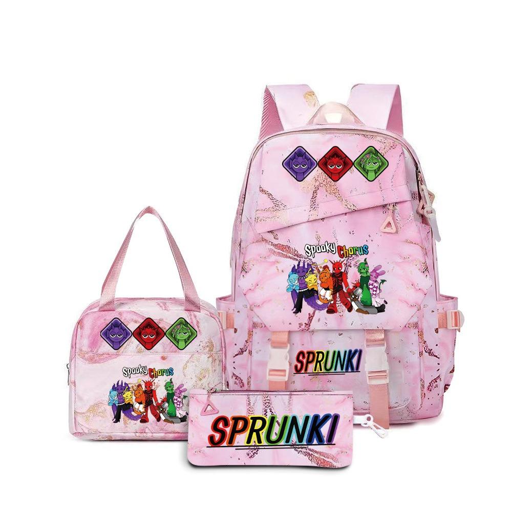Around the box, elementary school bag sprunki cartoon backpack three-piece set D