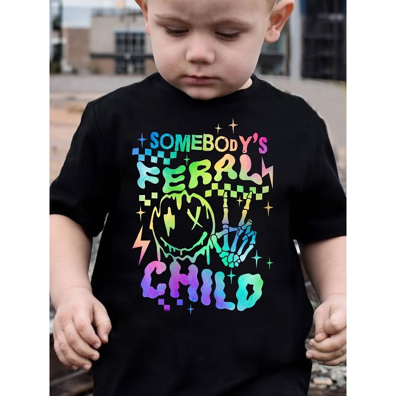 

European sizes Summer Fashion Boys Short Sleeve T-Shirt with Skull Design and Somebody s Feral Child Letter Print Casual Top 98cm чёрный