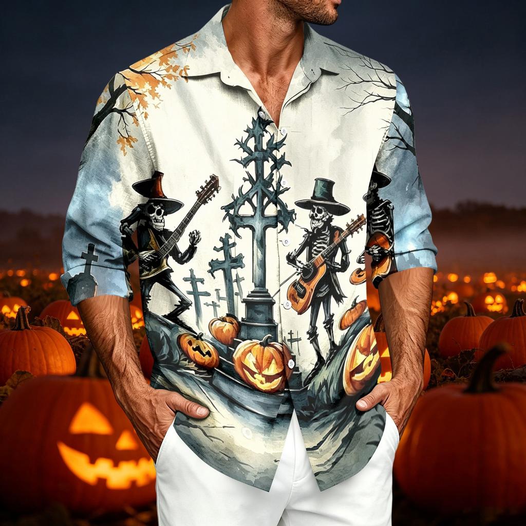 Men's Casual Long Sleeve Shirt with Halloween Print for Spring Fall