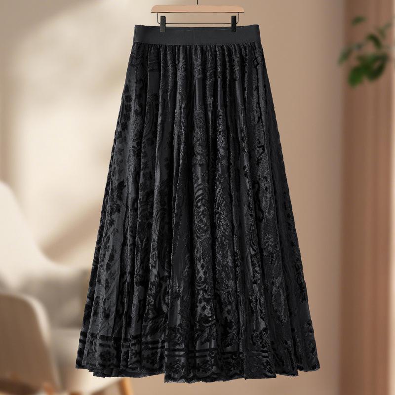 Women s Elegant Velvet A-line Skirt with Glossy Lace, Wide Hem, Double-sided Wear for Autumn/Winter 2XL чёрный