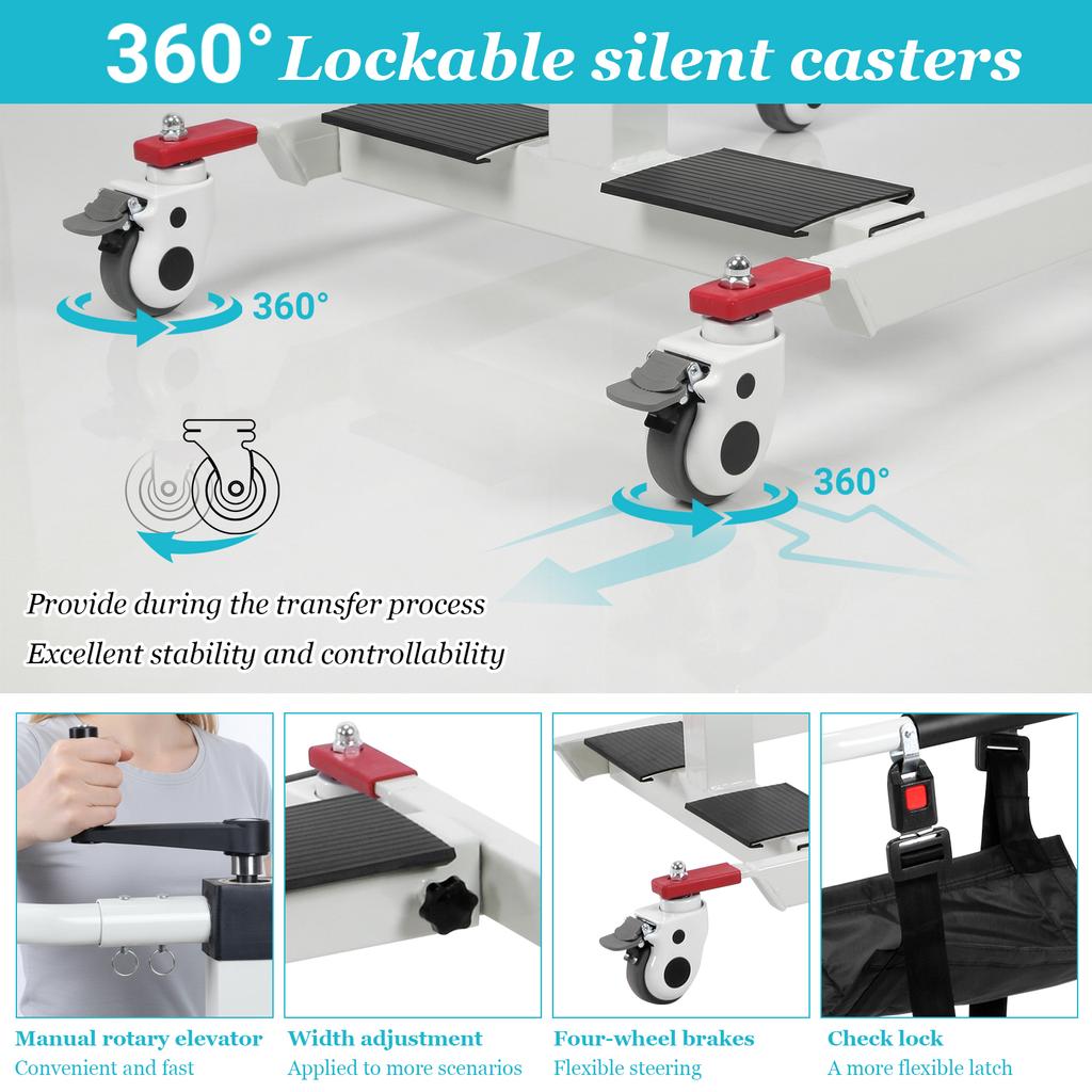 Portable Car Patient Lift Aid Transport Chair W/Adjustable Height & Width Patient Transfer Aid with Wheels for Elderly & Disable