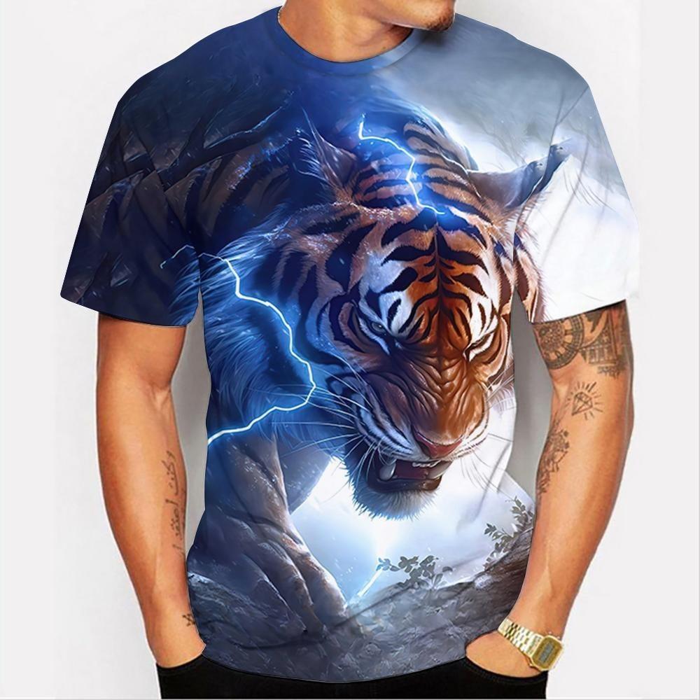 Summer 3D Lion Print Short Sleeved Men's Retro T-shirt Casual Tiger Print Quick Breathable T-shirt Top