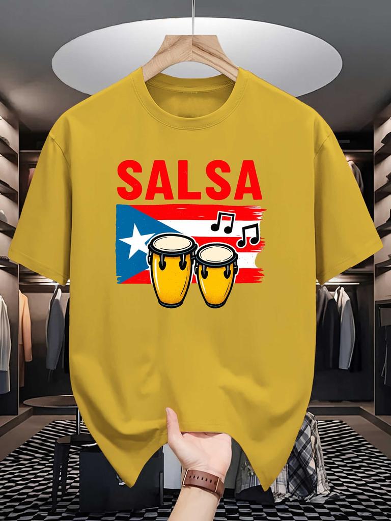 Unisex Crew Neck Tee Salsa Drum Puerto Rico Flag Music Note Print Soft Cotton Loose Short Sleeve Summer Casual Male Streetwear Tops