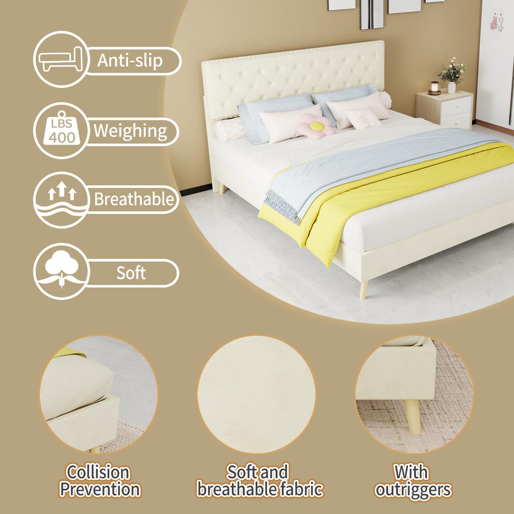 Modern bed, comfortable and soft headboard, 160*200CM, beige, multifunctional bedroom furniture, box bed frame does not include gas rod or mattress.
