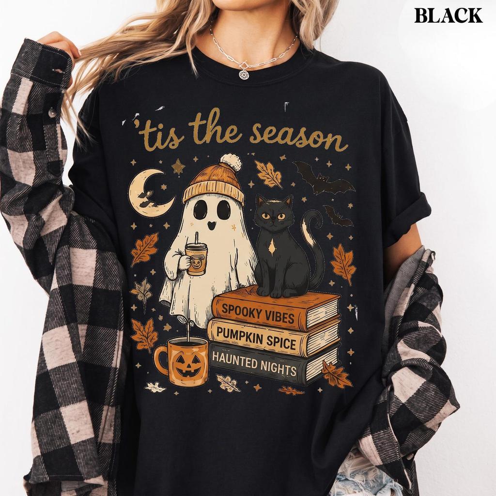 Comfort Colors Halloween Shirt, 'Tis The Season Ghost Black Cat Tee, Pumpkin Spice Spooky Vibes Fall Graphic Shirt, Cute Autumn Tee