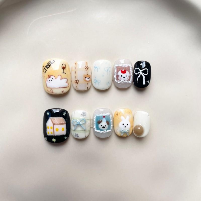Hand-Painted Press-On Nails Short Square Cat Eye Design Cute Kawaii Style Wearable Nail Tips Women