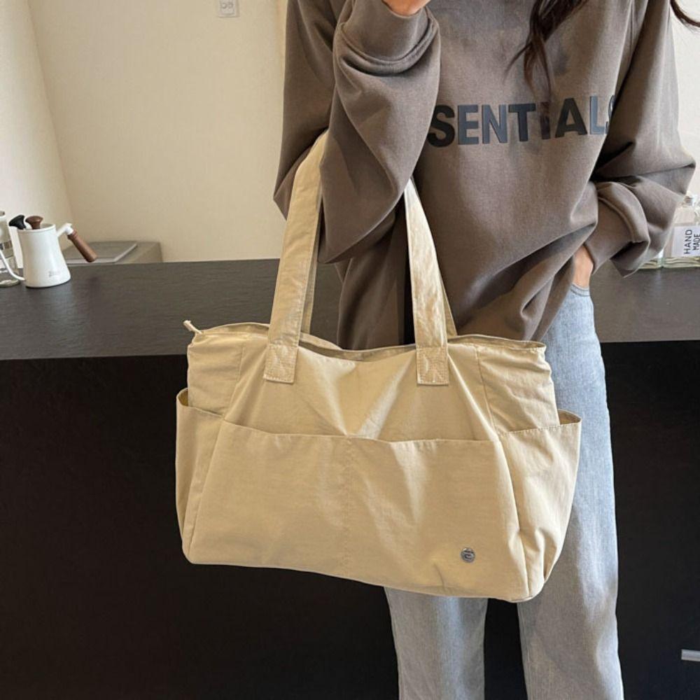Solid Color Large Capacity Shoulder Bag Soft Material Commuting Handbag Casual Book Bags Shopping