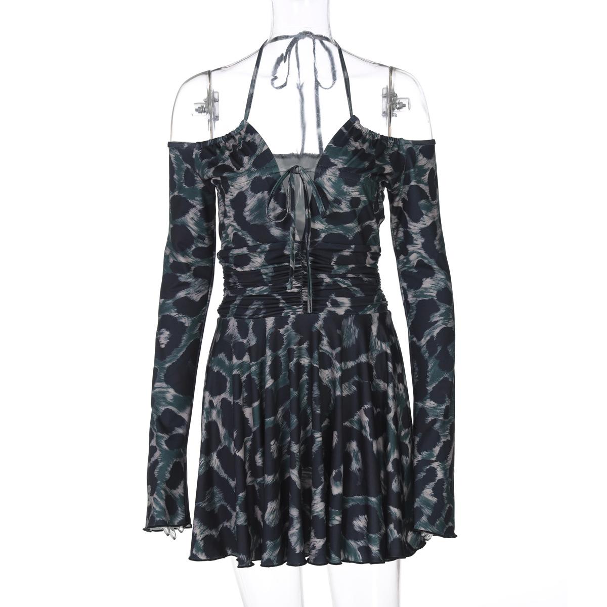 

Женское принтованное сексуальное модное плиссированное платье с длинными рукавами и завязкой-халтером L цветной печати леопарда