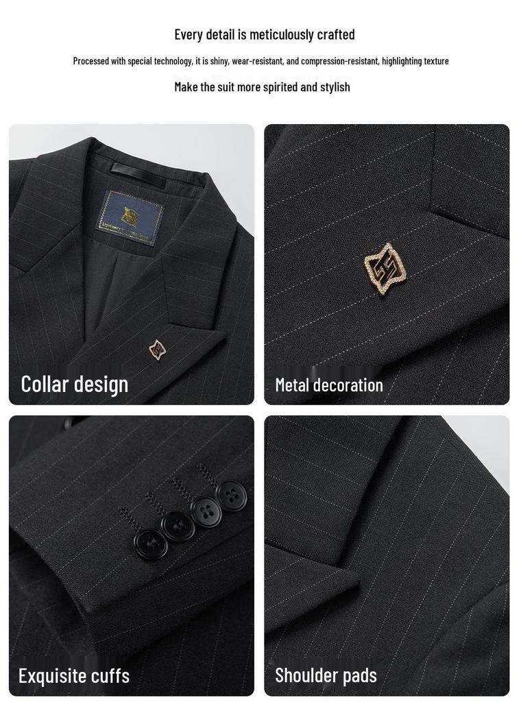 2025 Men's High-Quality Striped Double-Breasted Three-Piece Suit with Peak Lapel