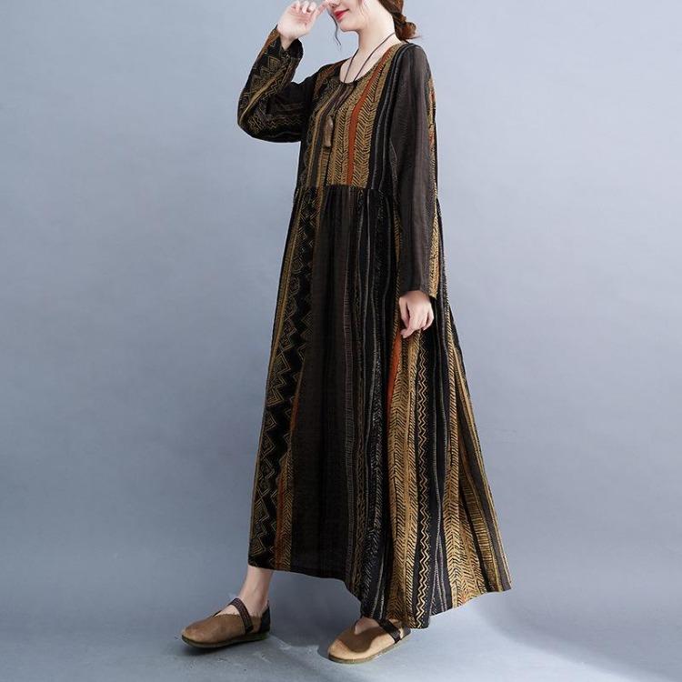 Summer Loose Cotton Linen Plus Size Dress Women Casual Long Short Sleeve Round Neck Printed Dress