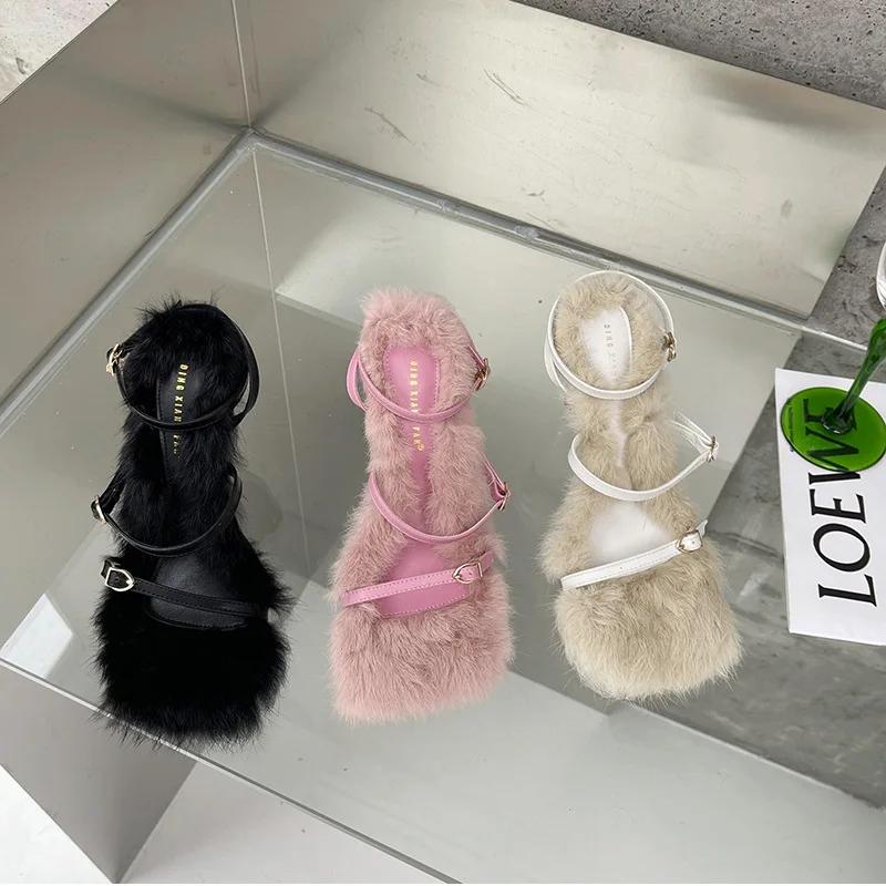 Fashion 2024 New Brand Plush Fur Fuzzy Sandals Women Thin Heels Fashion Square Toe Ankle Lace Up Buckle Strap Slides Shoes