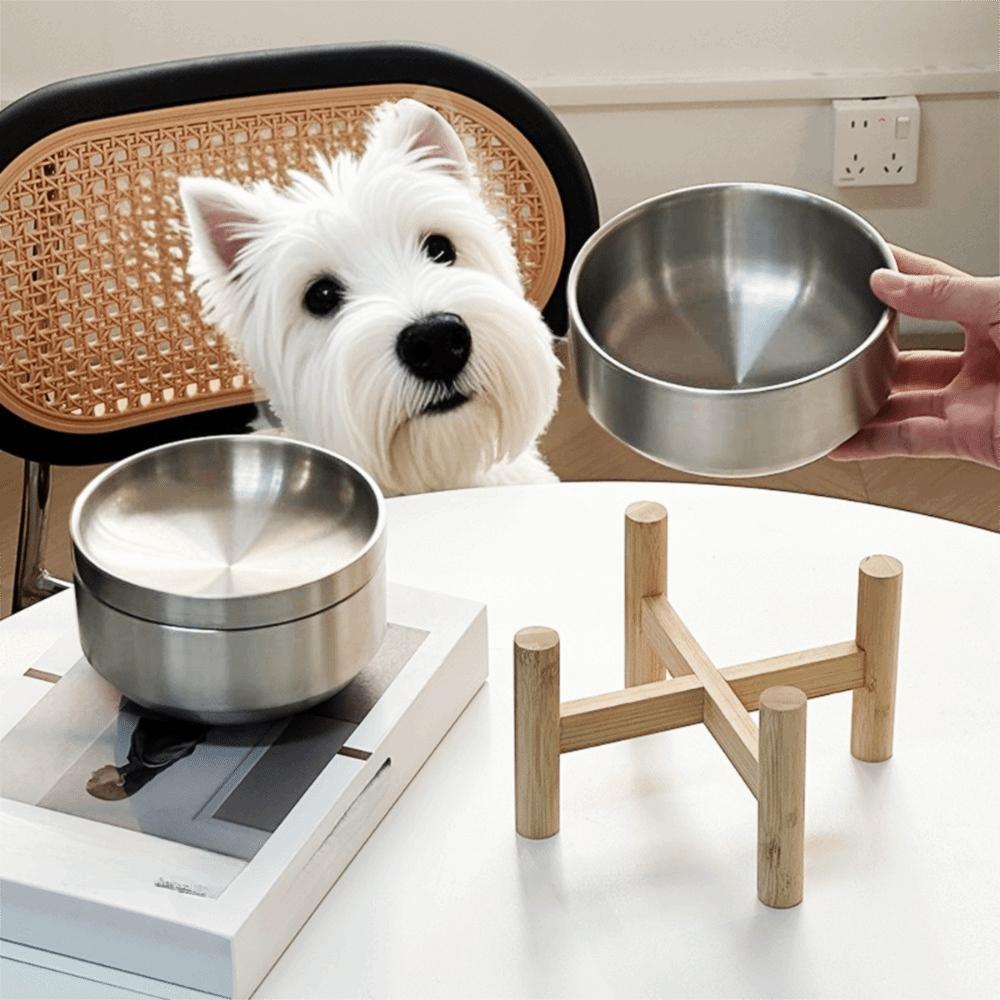 Wooden Stand Stainless Steel Dog Bowl Tilt-proof Rust-proof Cat Food Bowl Elevated Double Layer Pet Feeding Bowl Pet Supplies