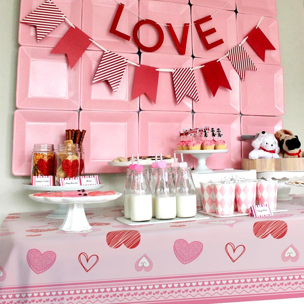 Valentines Tablecloth, 2Pcs Valentines Tablecloth Plastic 54x108 Inch Red Pink Love Heart Table Cloth Valentines Tables Cloth Disposable Rectangle